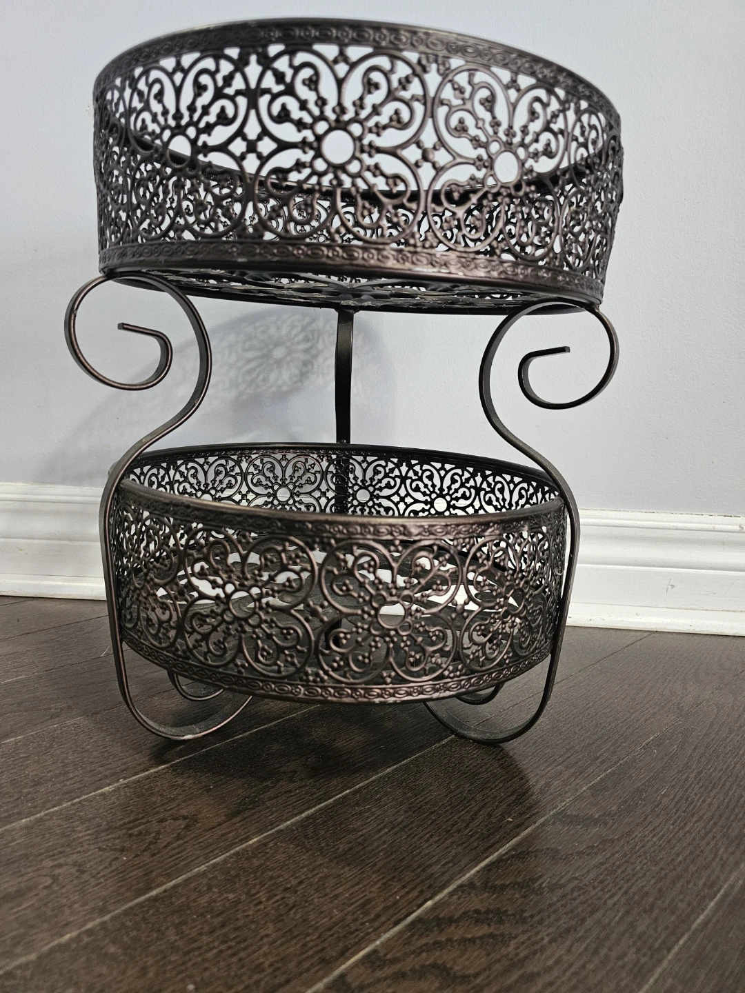 Ornate Two-Tiered Metal Fruit Basket Stand - photo 3