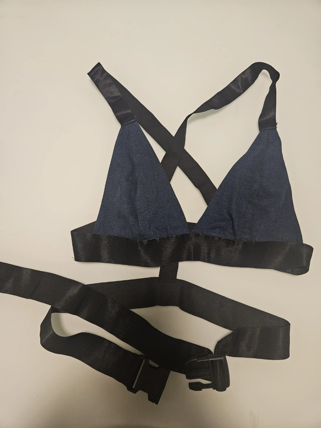 Fashion Nova Women's Denim & Black Strap Harness Bra Top