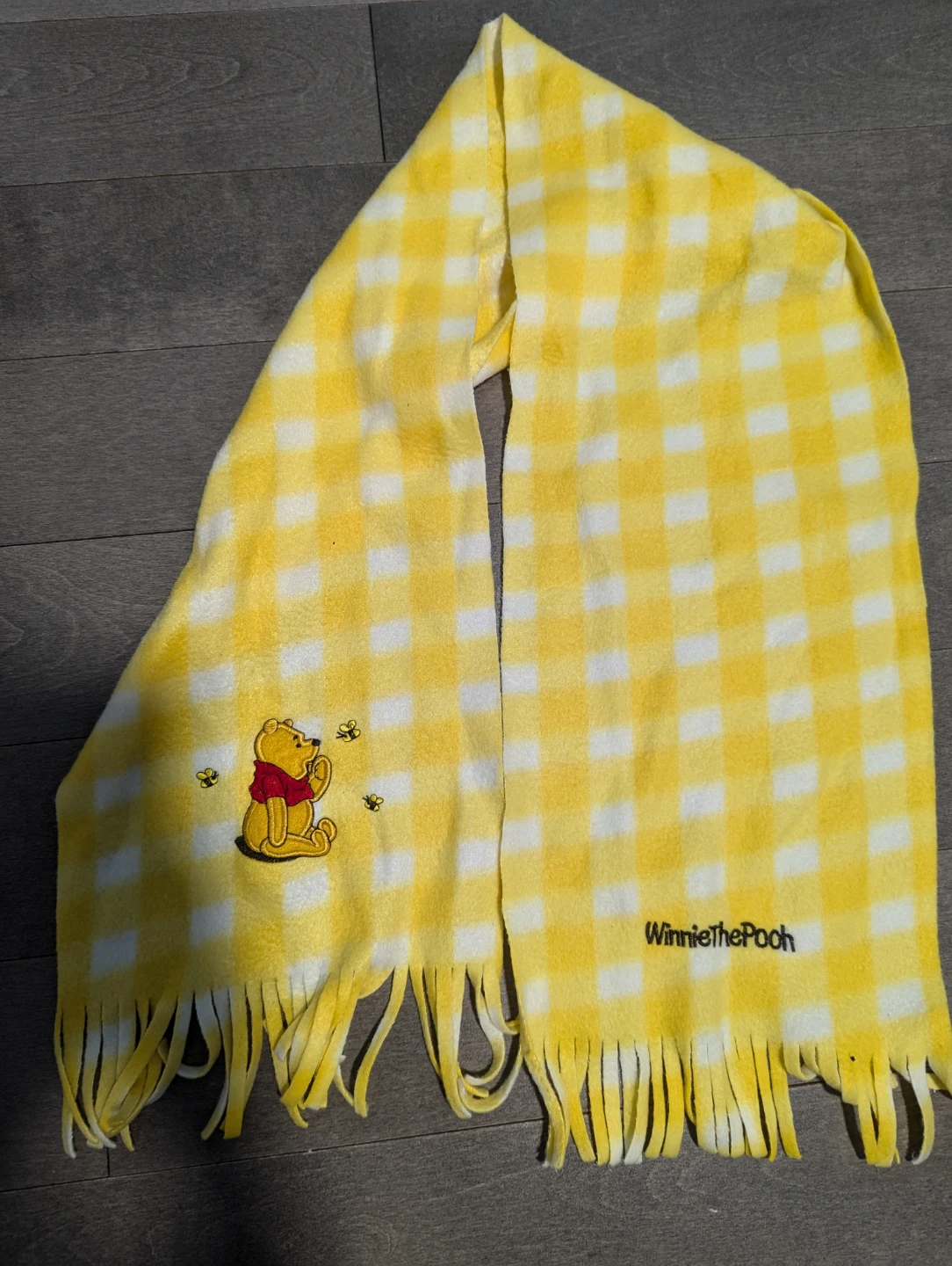 Winnie the Pooh Yellow Gingham Fleece Scarf with Fringe