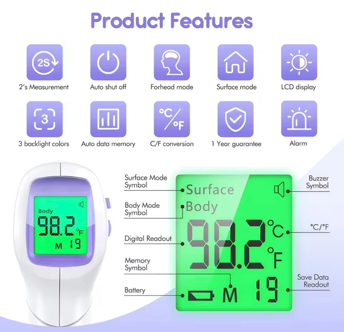 Tricolor Alarm Lights Non-Contact Infrared Thermometer - photo 3
