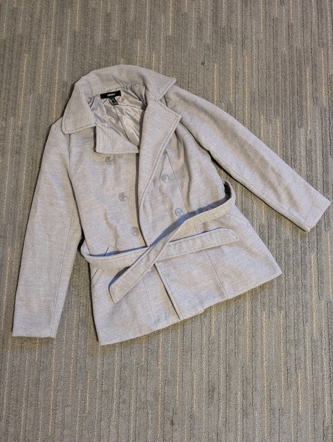 Forever 21 Grey Double-Breasted Belted Coat - Size S
