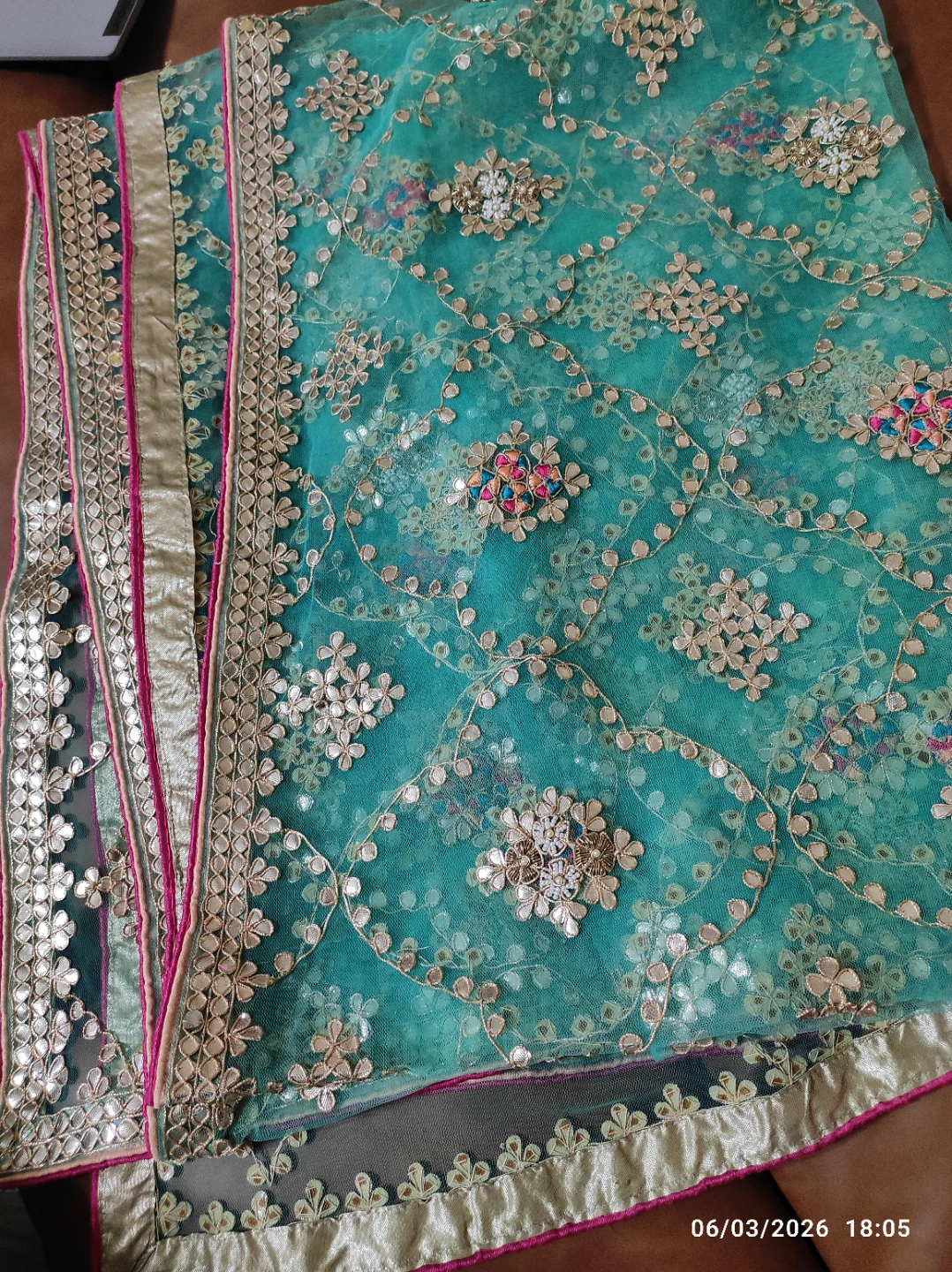 Teal Embroidered Net Fabric with Gold Accents