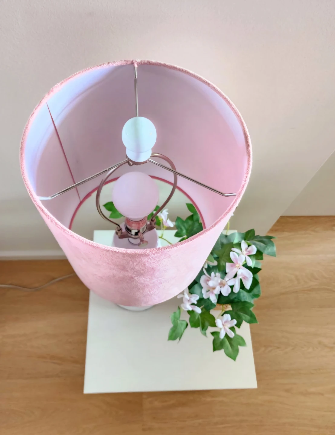 Pink Velvet Table Lamp and Bamboo Basket with Artificial Plant - photo 2