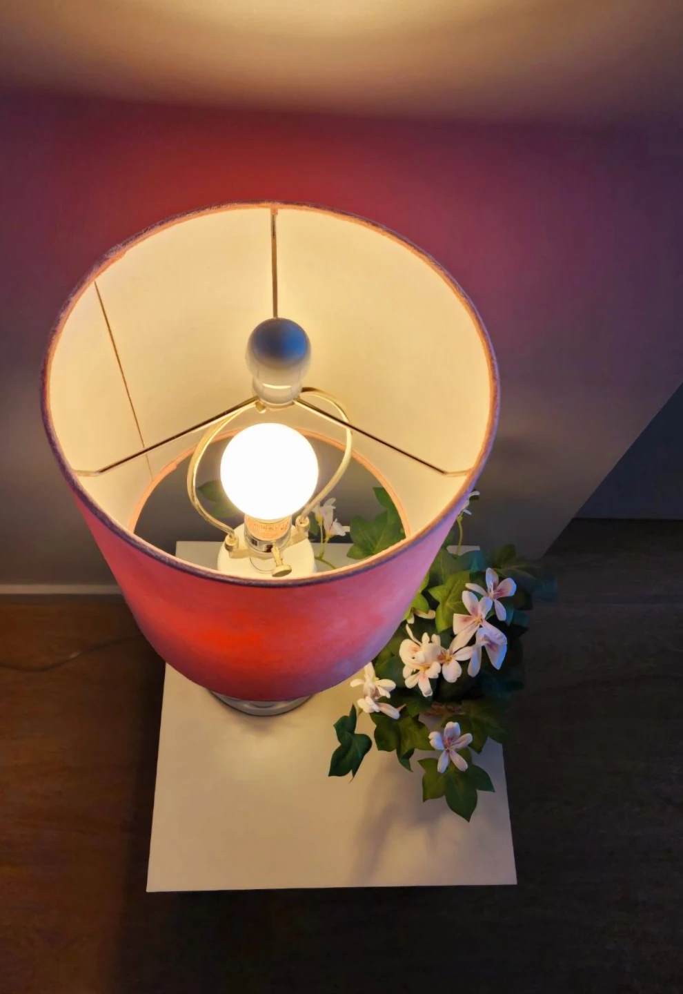 Pink Velvet Table Lamp and Bamboo Basket with Artificial Plant - photo 3