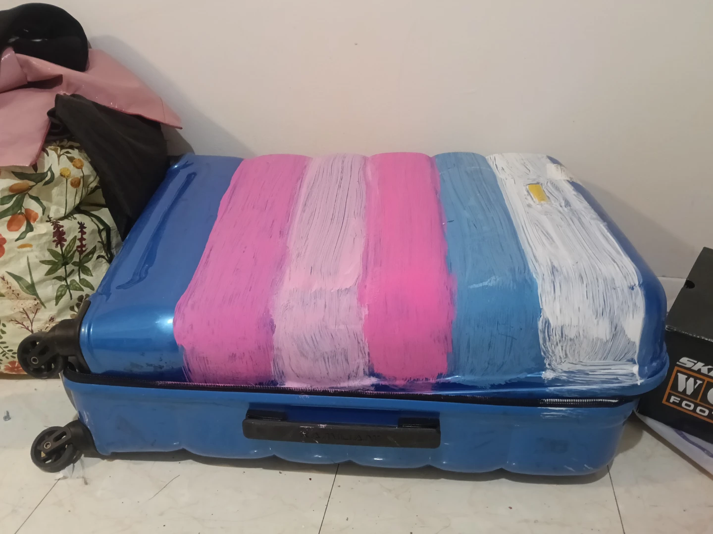 designer luggage -Blue Hardshell Suitcase with Painted Stripes
