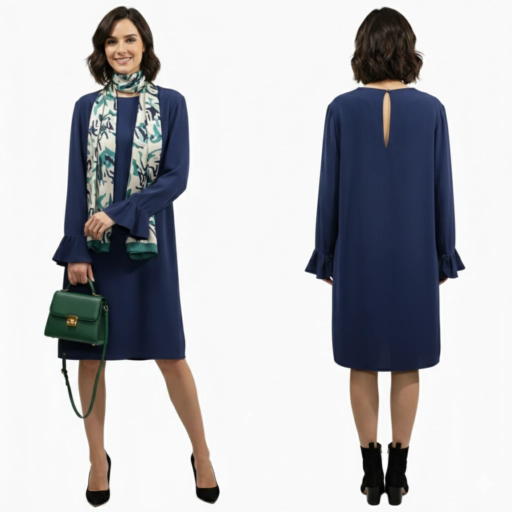 Mantù Italy Navy Cady Dress Ruffle Bell Sleeves IT 48 (US 12) - photo 3