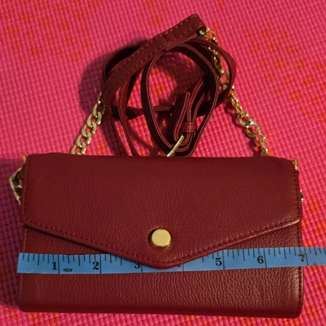 Burgundy Leather Wallet Clutch with Gold Chain Strap - photo 3