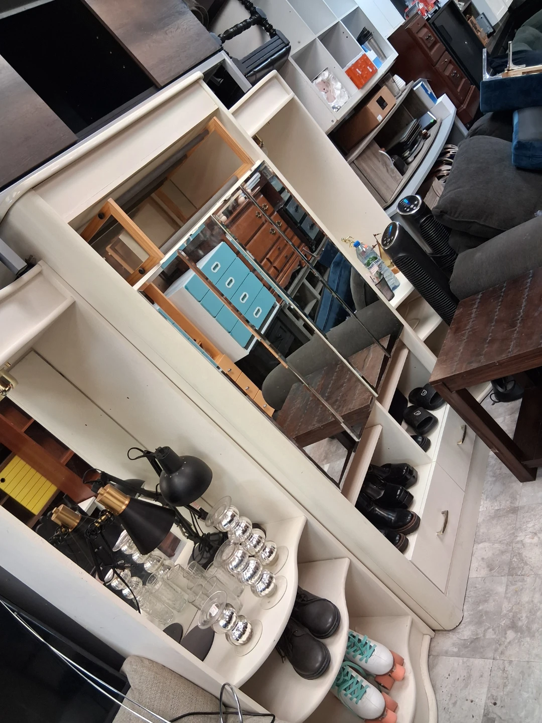 Vintage Cream Armoire with Mirrored Doors