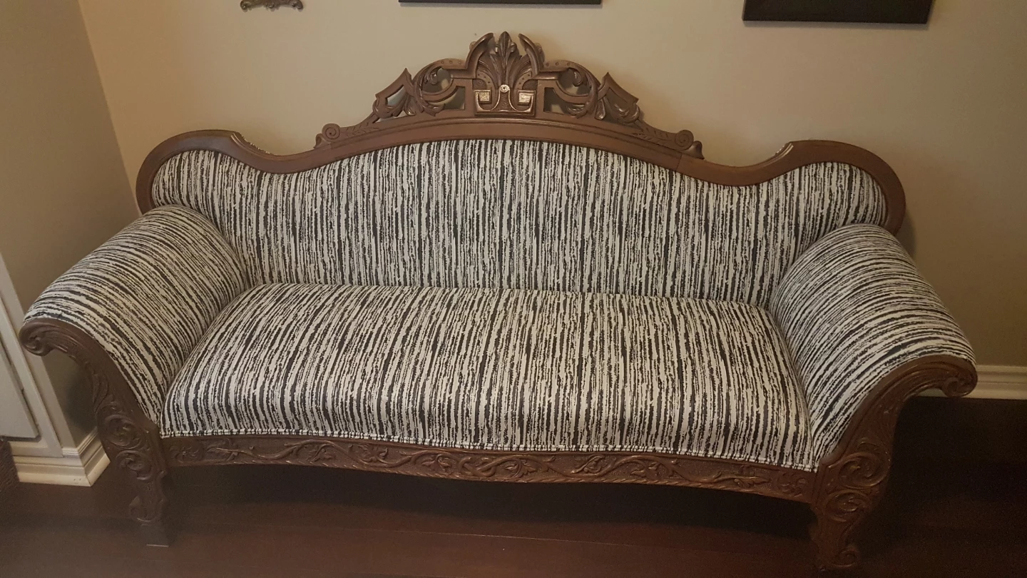Vintage Carved Wood Sofa with Striped Upholstery
