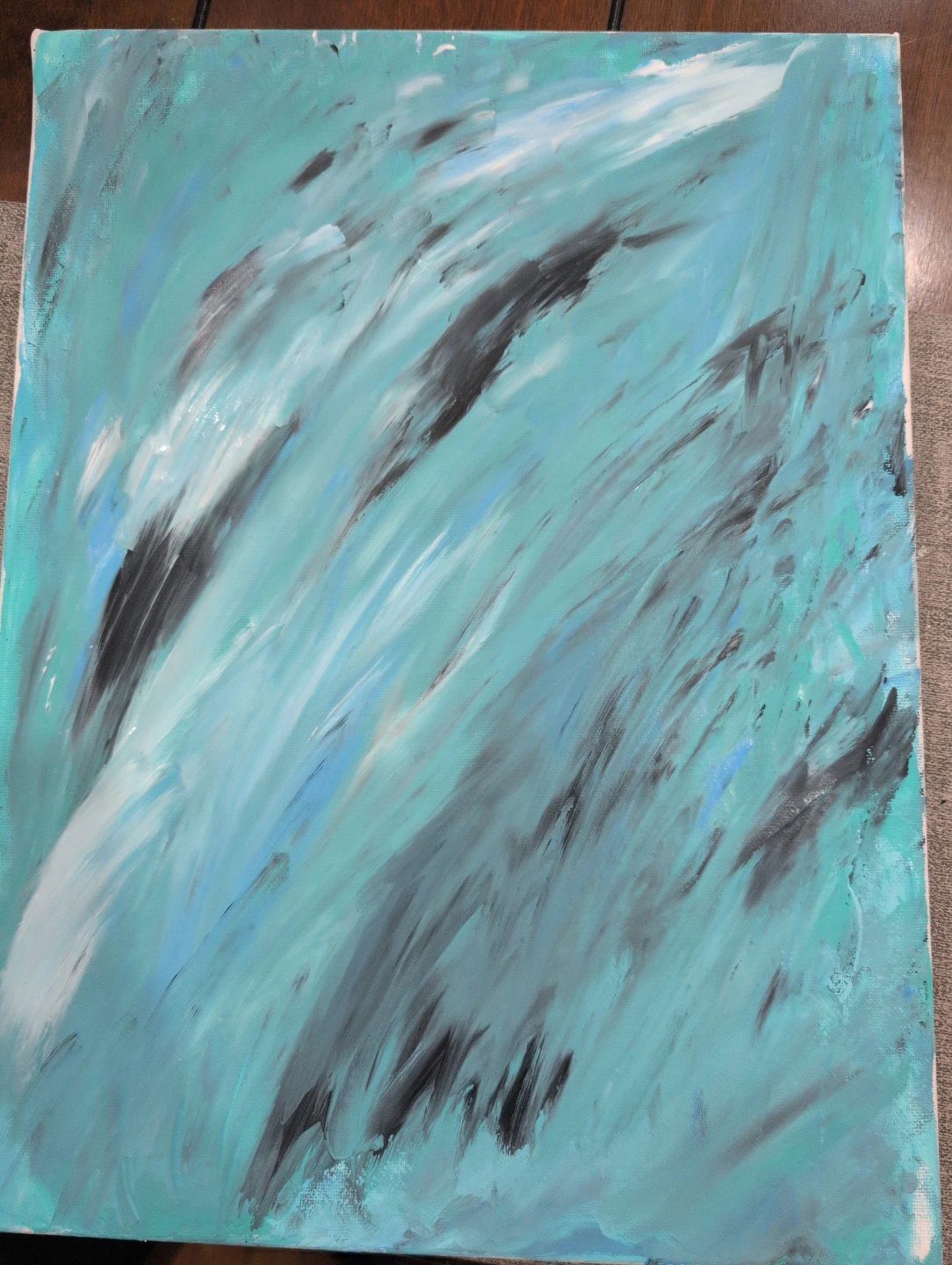 Abstract Teal, Black, and White Acrylic Painting