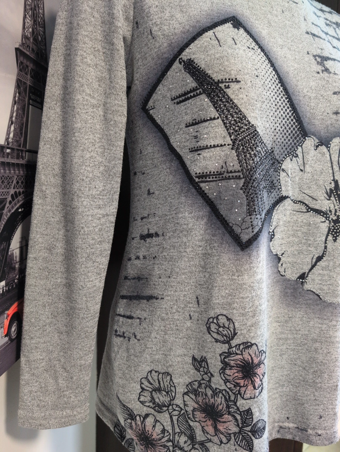 La Madona Grey Eiffel Tower & Flower Print Long Sleeve Top - XS - photo 2
