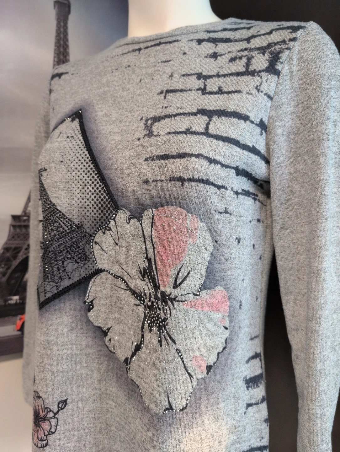 La Madona Grey Eiffel Tower & Flower Print Long Sleeve Top - XS - photo 3
