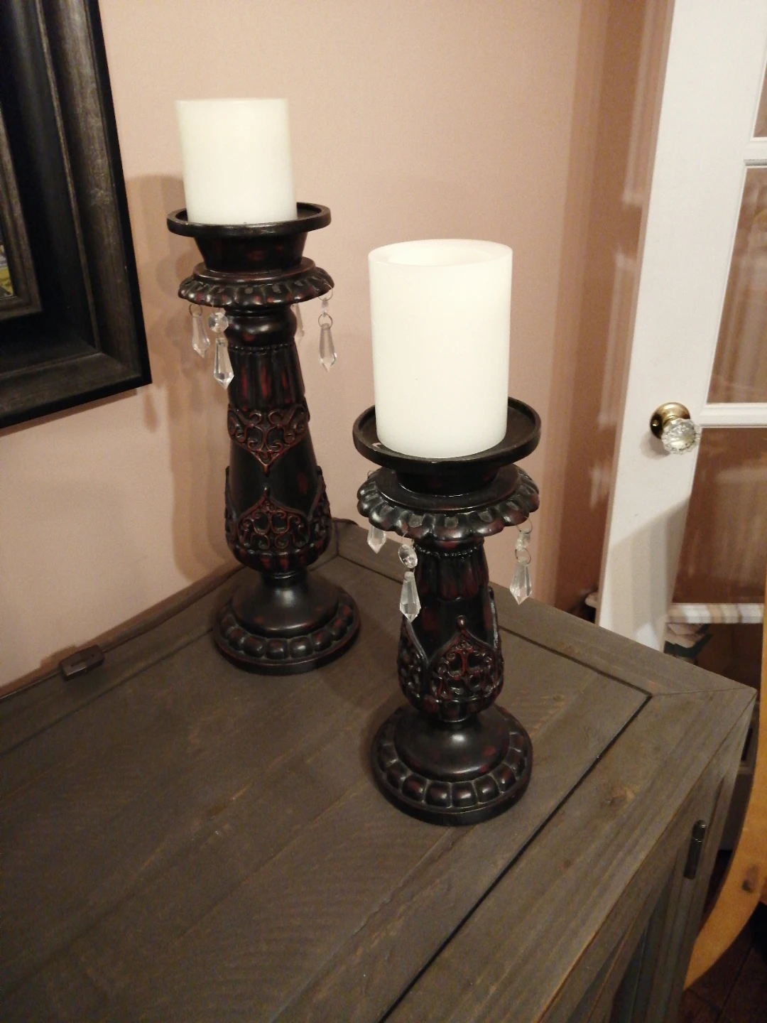 Set of 2 Ornate Black and Red Candlesticks with Crystal Dangles - photo 2