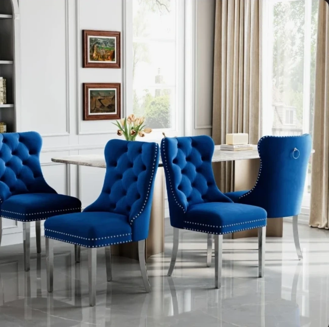 Set of 4 Blue Tufted Accent Chairs