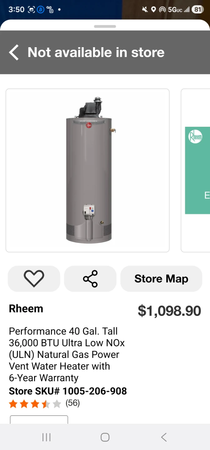New Rheem 40 gallon natural gas water heater with power vent - photo 2