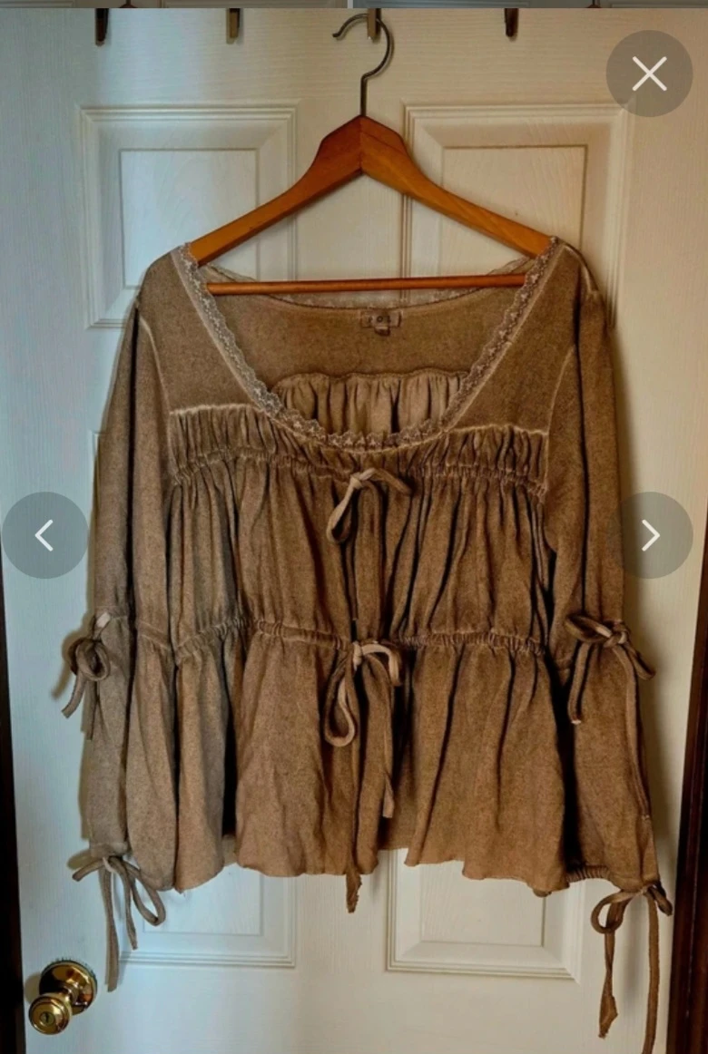 Brown Gathered Peasant Blouse with Lace Trim
