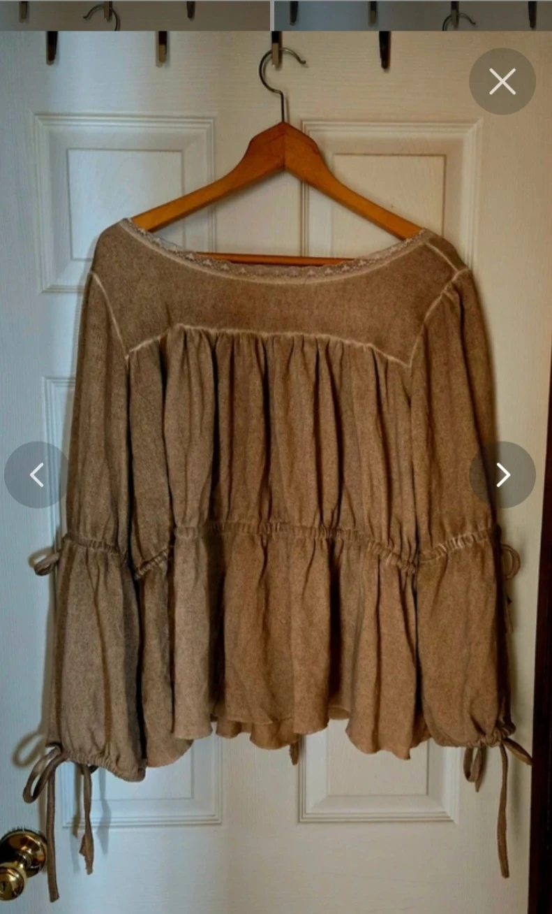 Brown Gathered Peasant Blouse with Lace Trim - photo 2