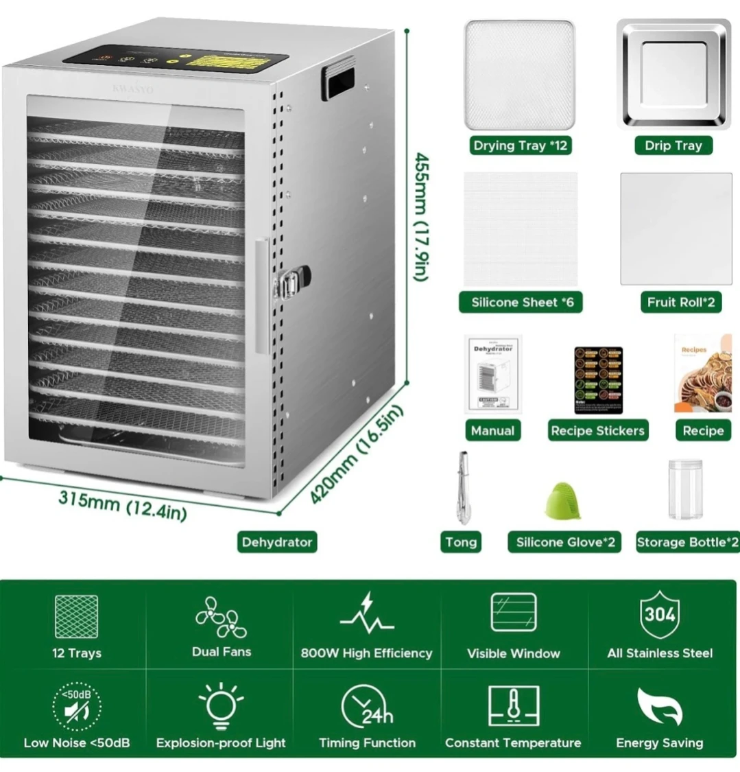 12 Tray Food Dehydrator Machine Stainless Steel Dual fan 360° Ef - photo 3