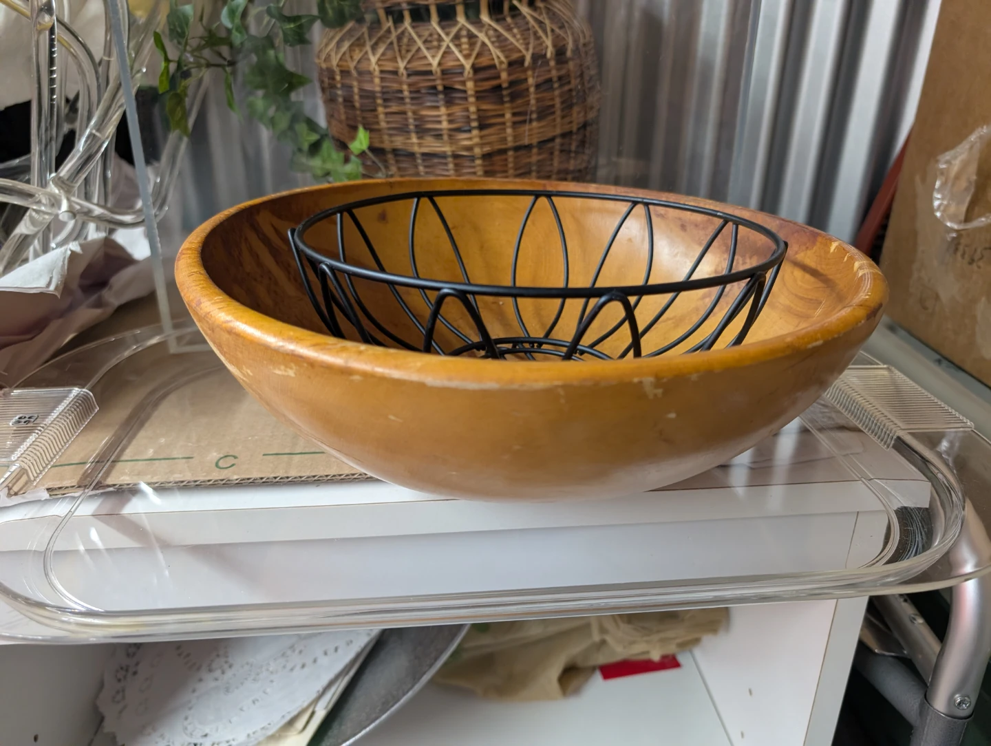 Wooden Bowl with Metal Fruit Basket Insert