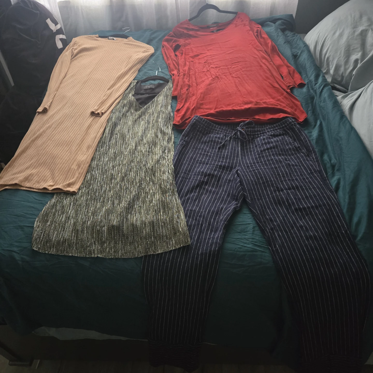 Ribbed Maxi Dress, Metallic Mini Dress, Red Top & Striped Pants