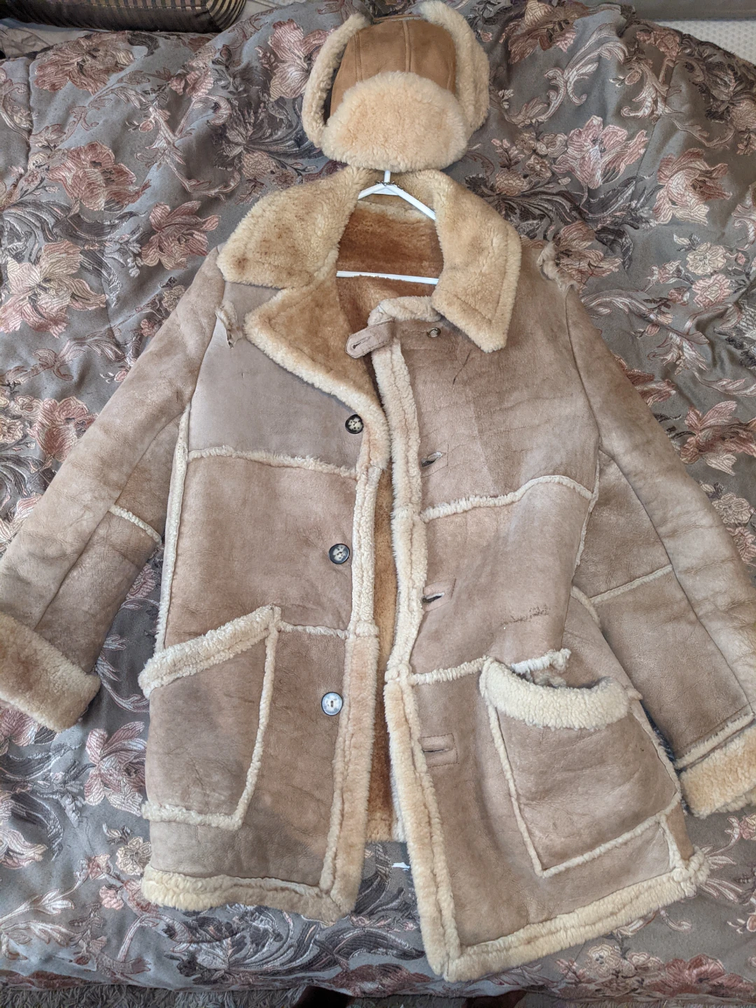 Shearling Sheepskin Coat and Hat Set