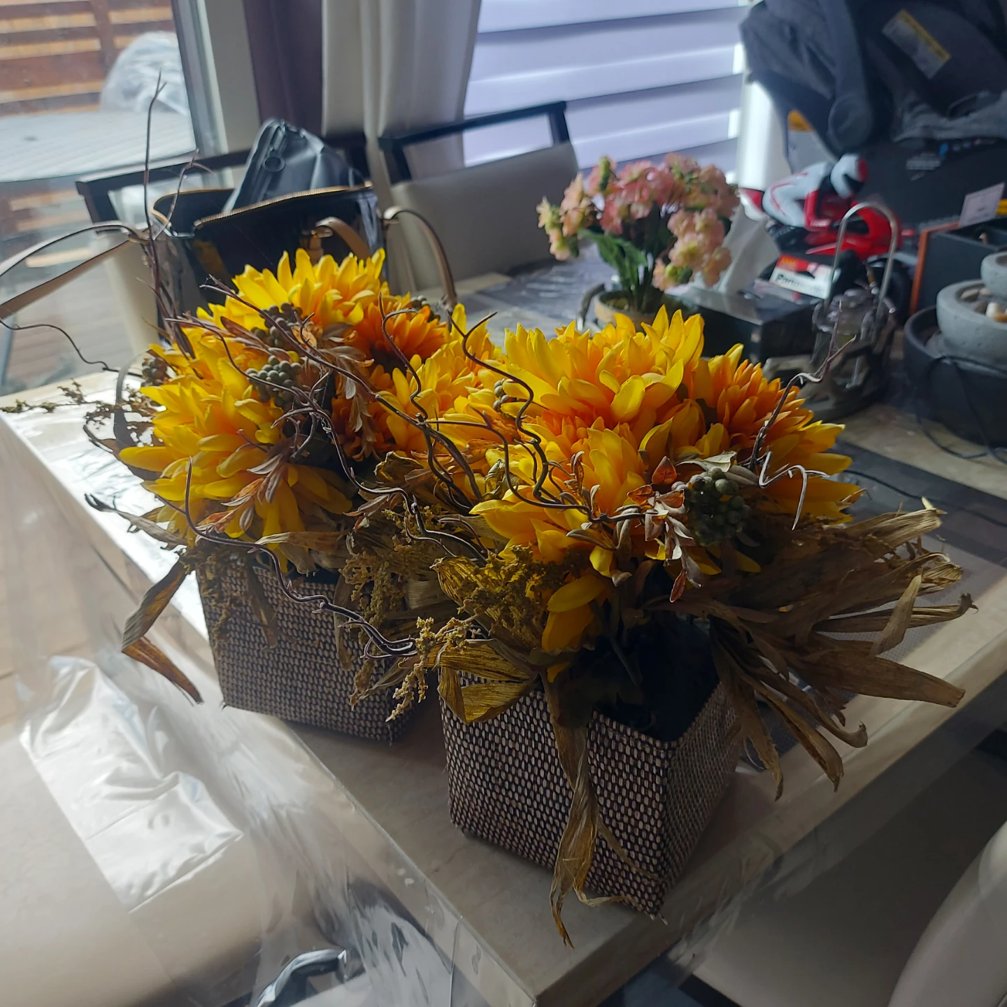 Two Artificial Sunflower Arrangements in Decorative Pots