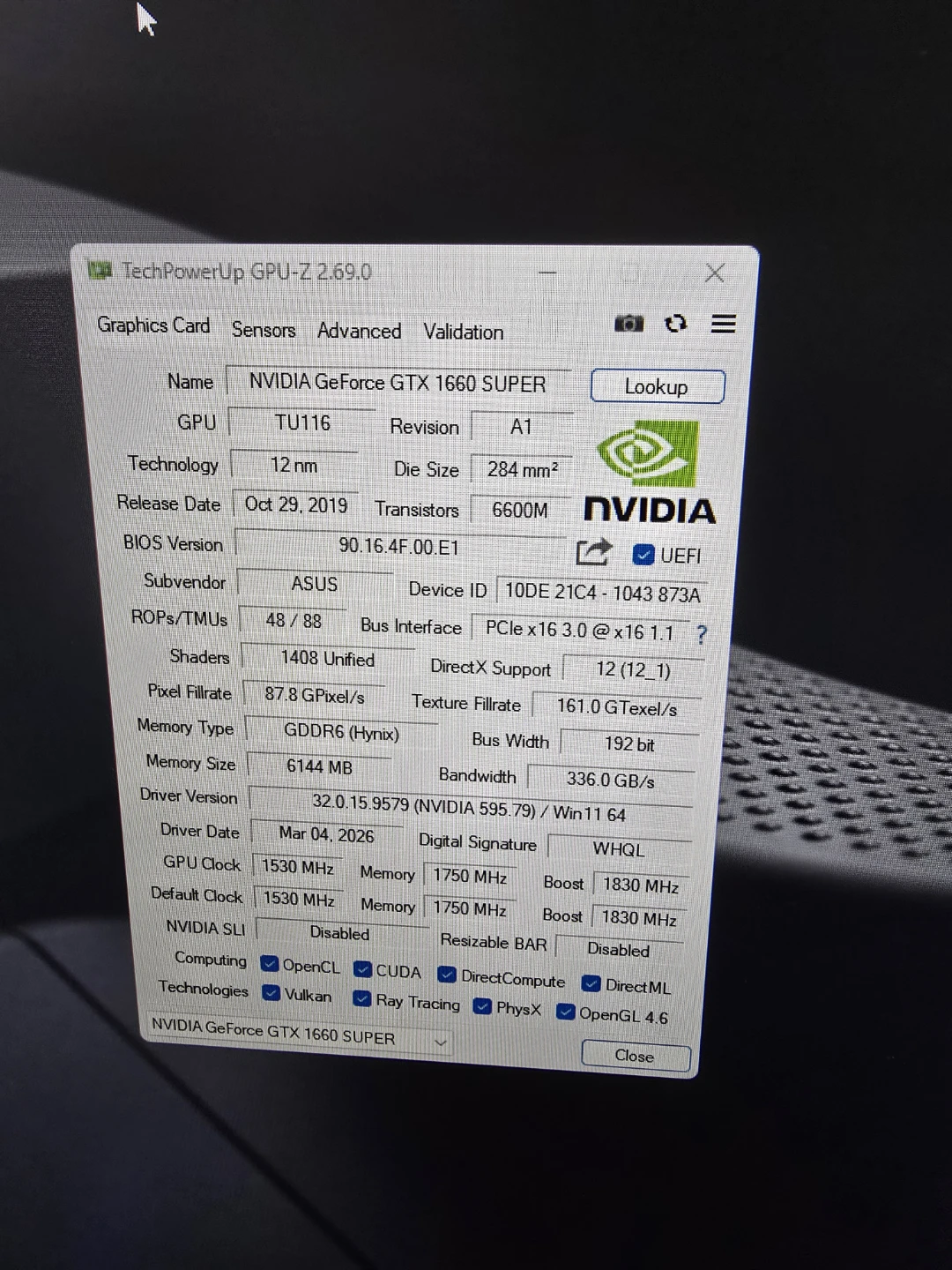 For sale ASUS NVIDIA GeForce GTX 1660 SUPER 6gb