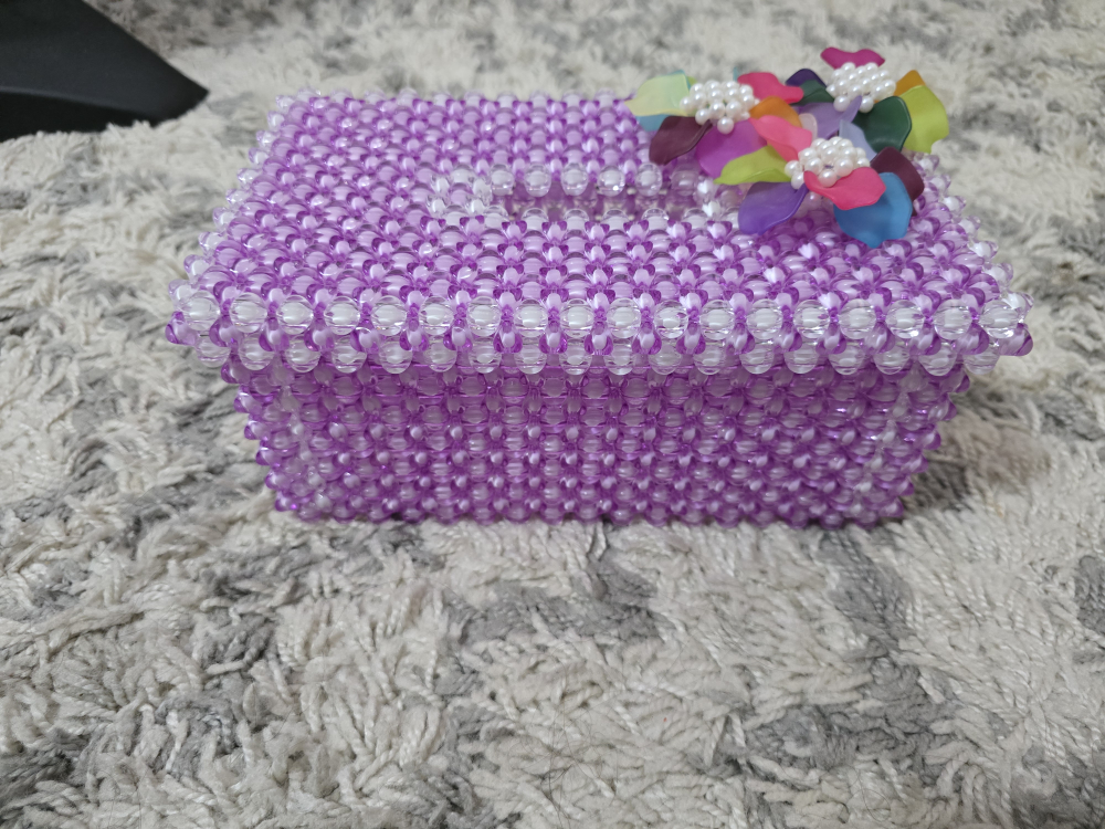 Purple Beaded Tissue Box Cover with Flower Embellishment
