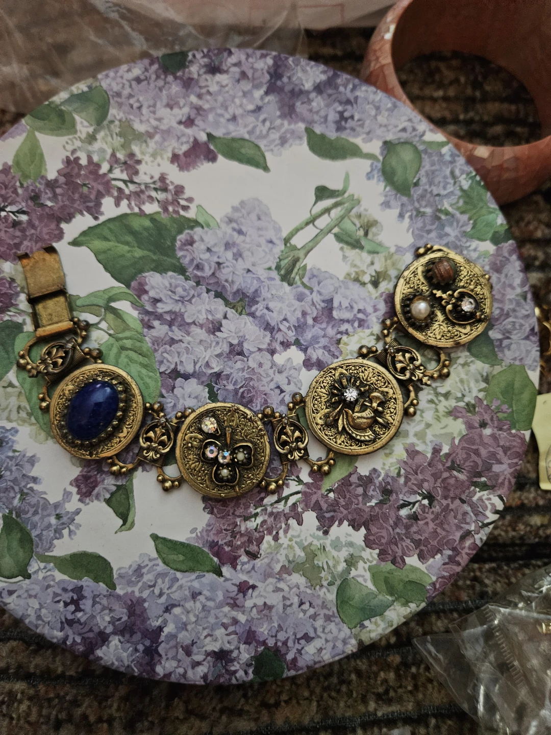 Vintage Ornate Bracelet with Blue Stone and Faux Pearls