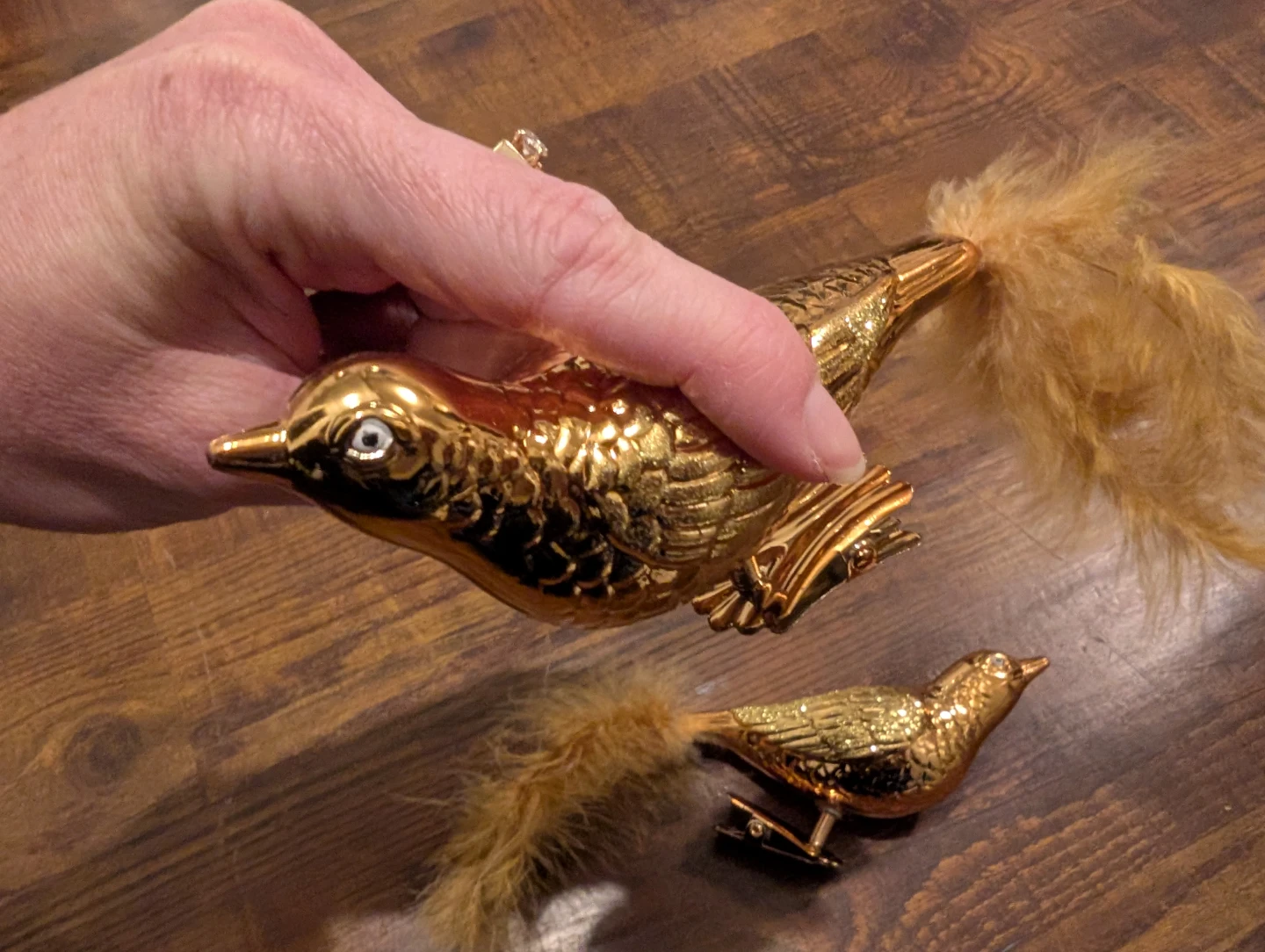 Gold Bird Clip-On Ornaments with Feather Tails (Set of 2)