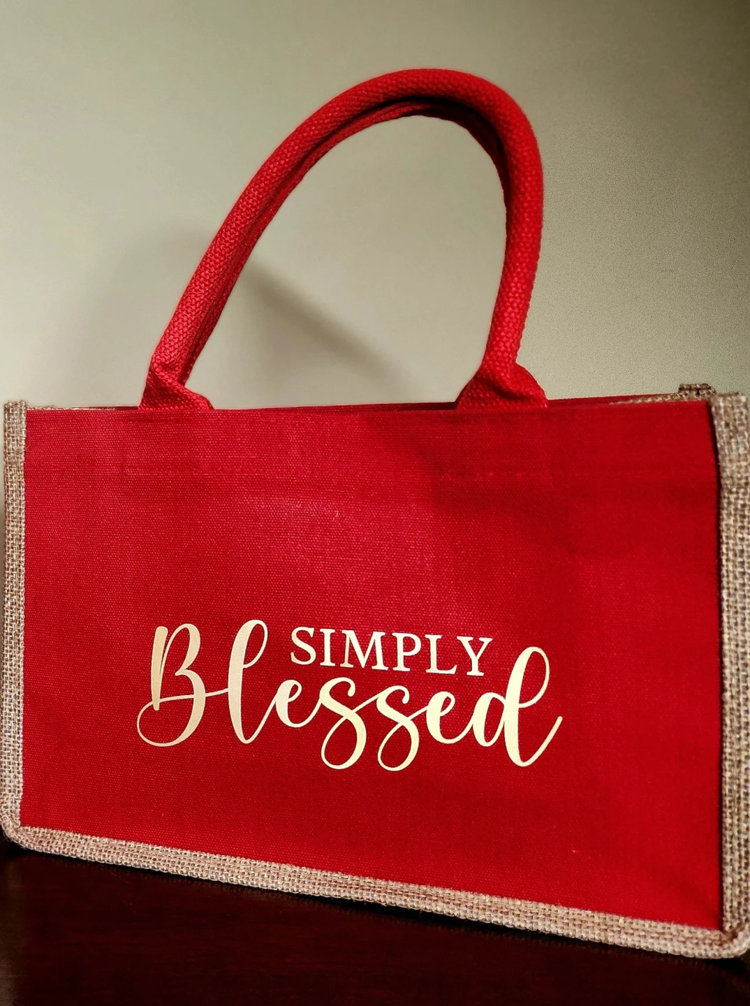 Red Jute Tote Bag with "Simply Blessed" Design