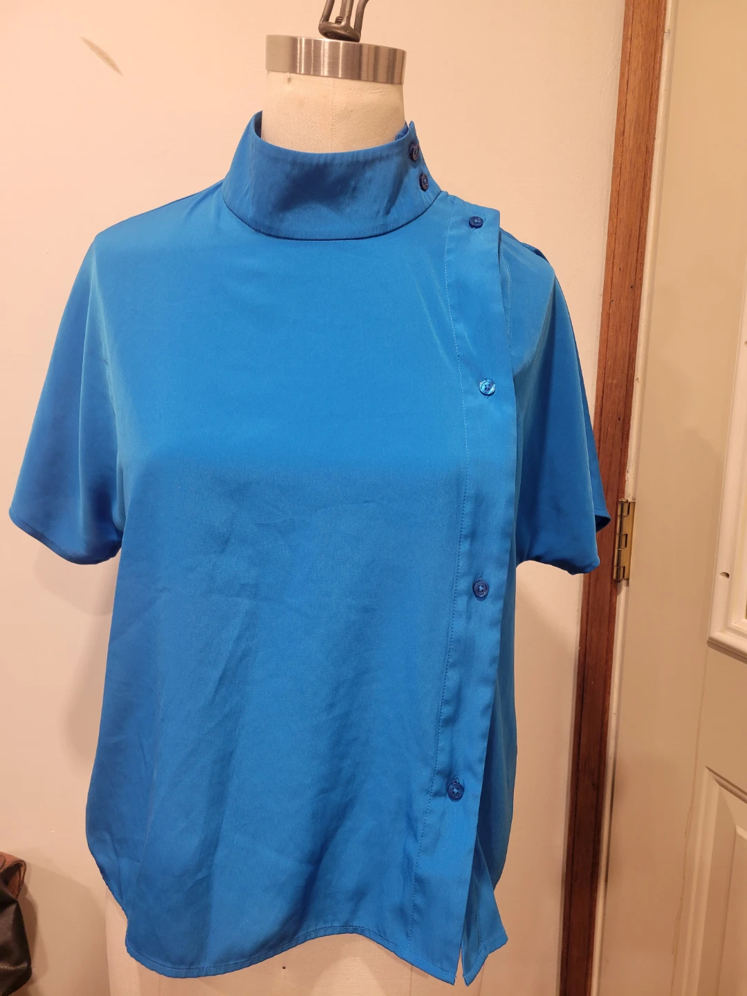 Alfani Blue Mock Neck Button Detail Top - Size S