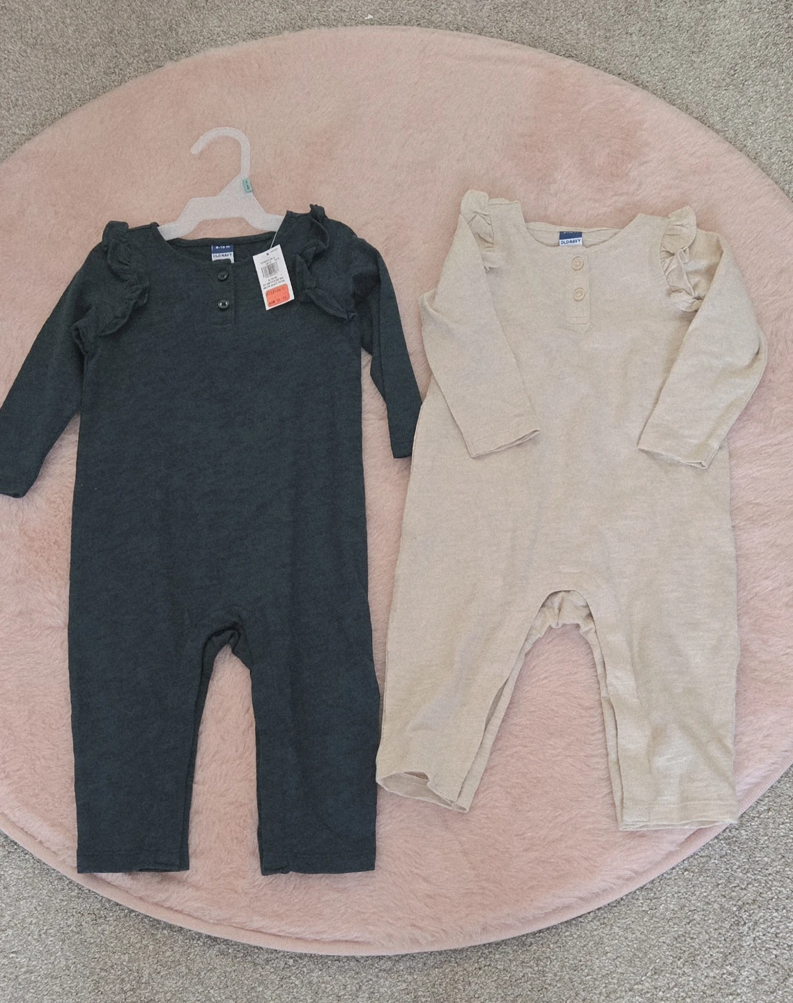 2 pk Baby Girls Ruffle Sleeve Rompers 6-12mo. Green & beige.