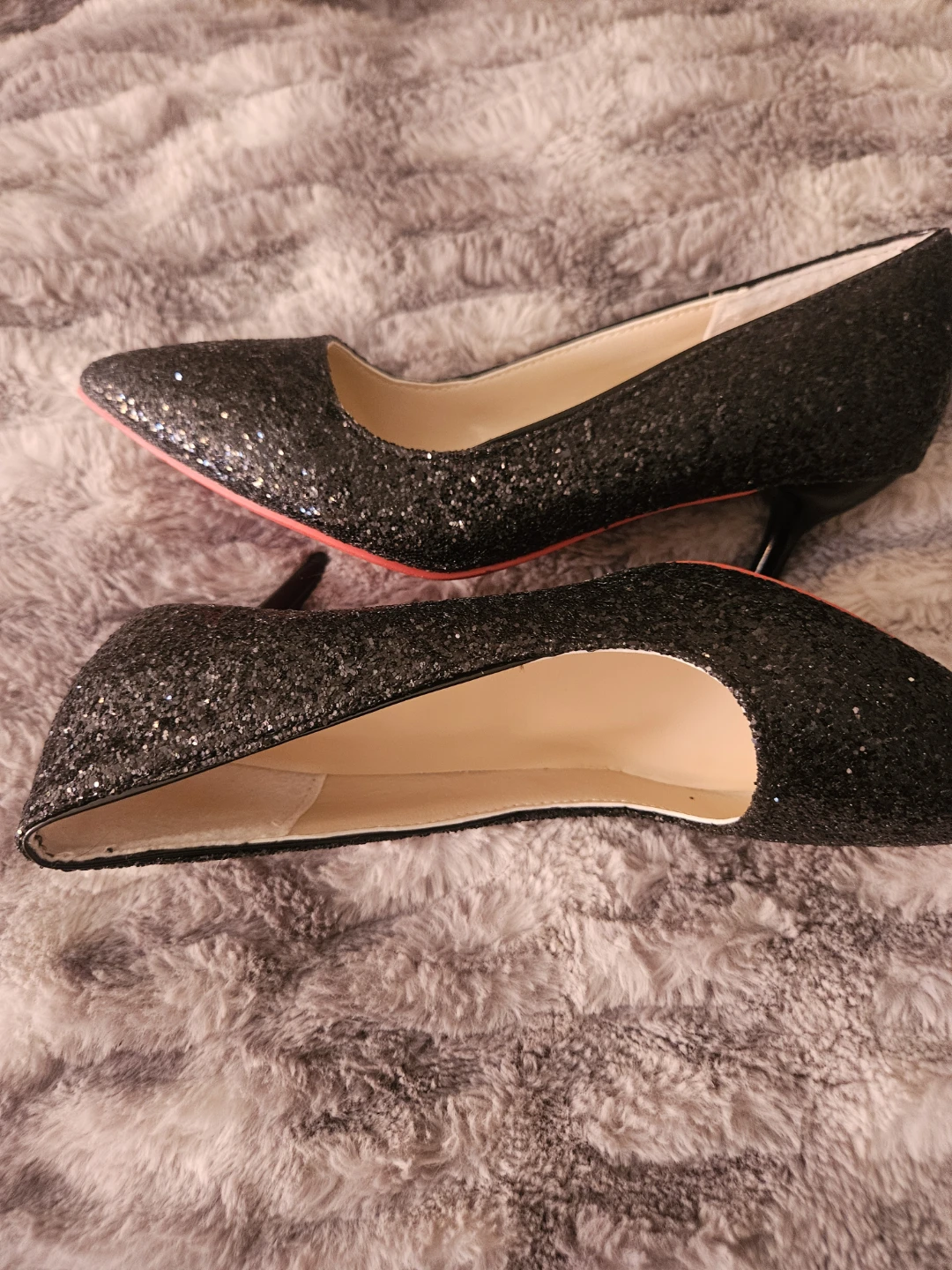 Sparkly Black Pointed Toe Heels with Red Sole - Size 7 (US)