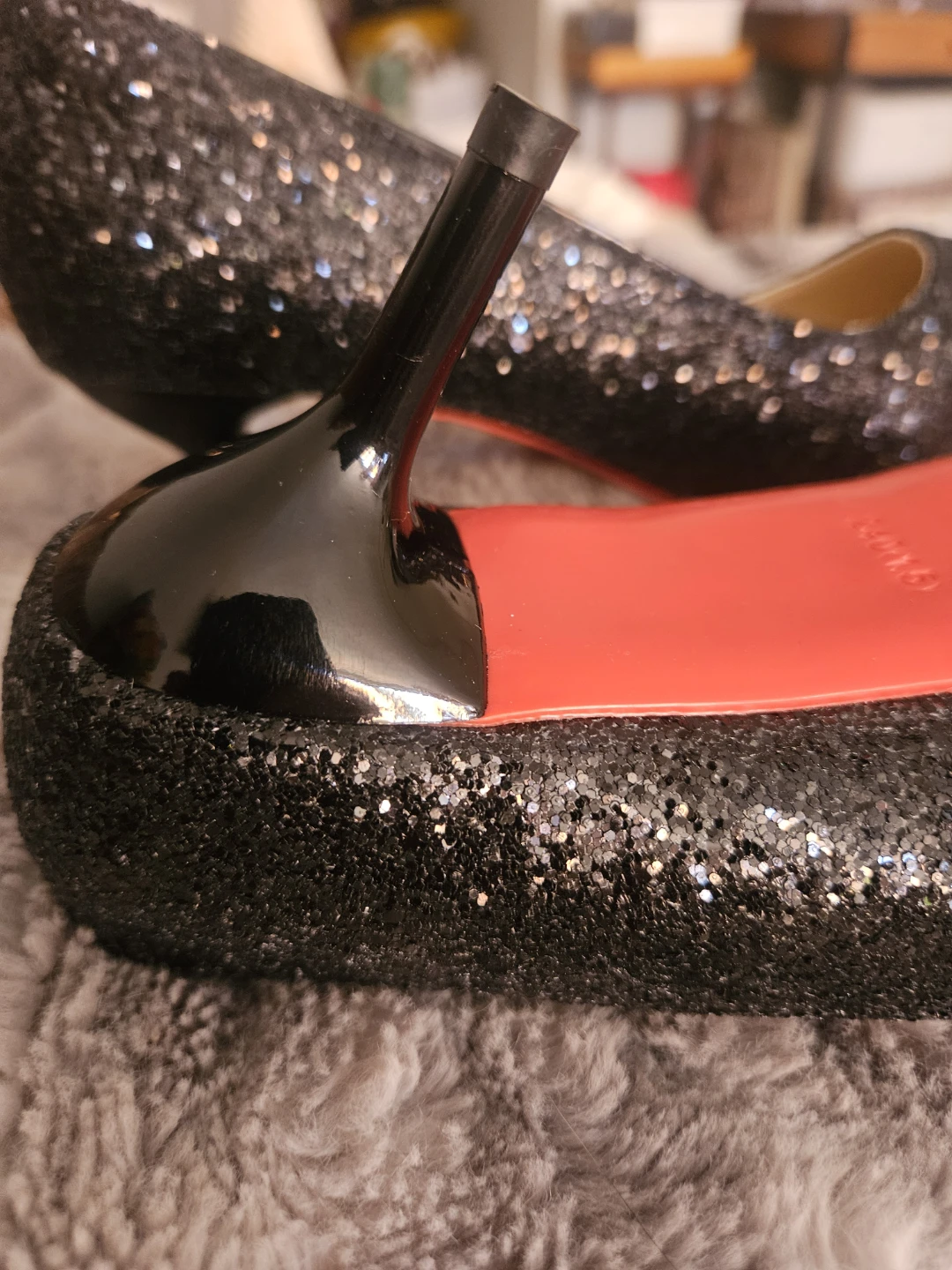 Sparkly Black Pointed Toe Heels with Red Sole - Size 7 (US) - photo 3