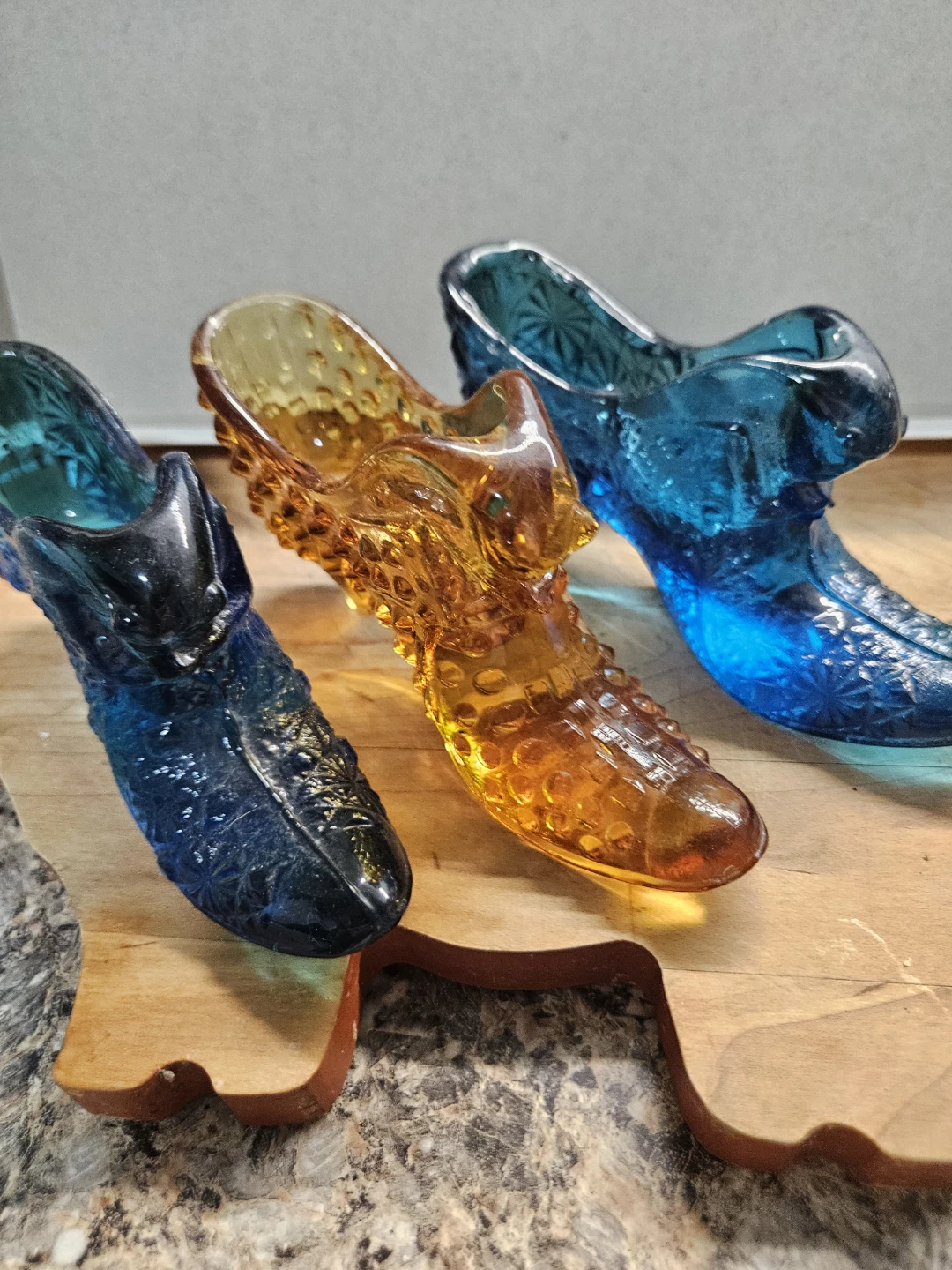 Set of 3 Glass High Heel Shoe Figurines - Blue and Amber