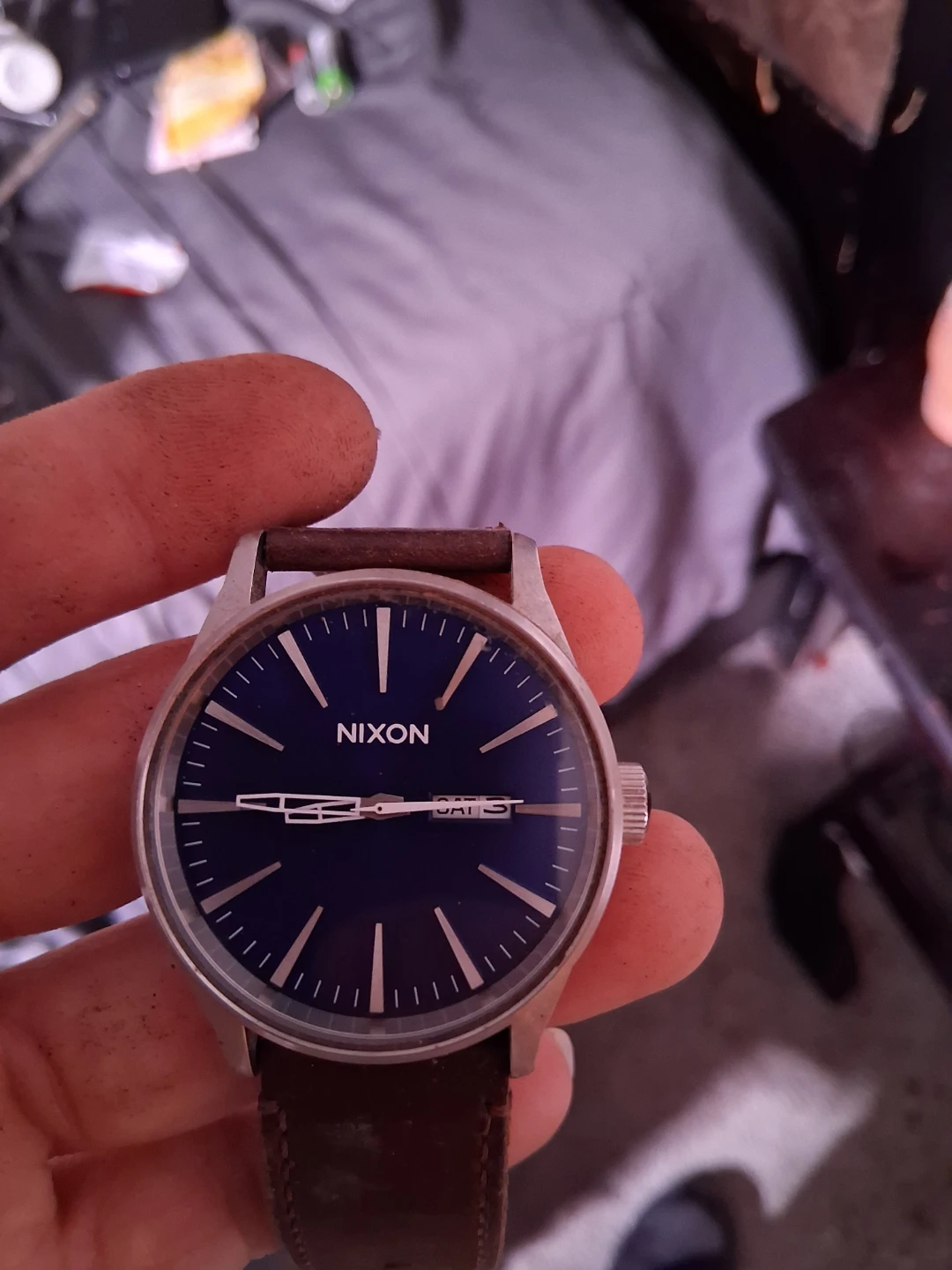 Nixon Men's Watch with Blue Dial and Brown Leather Strap