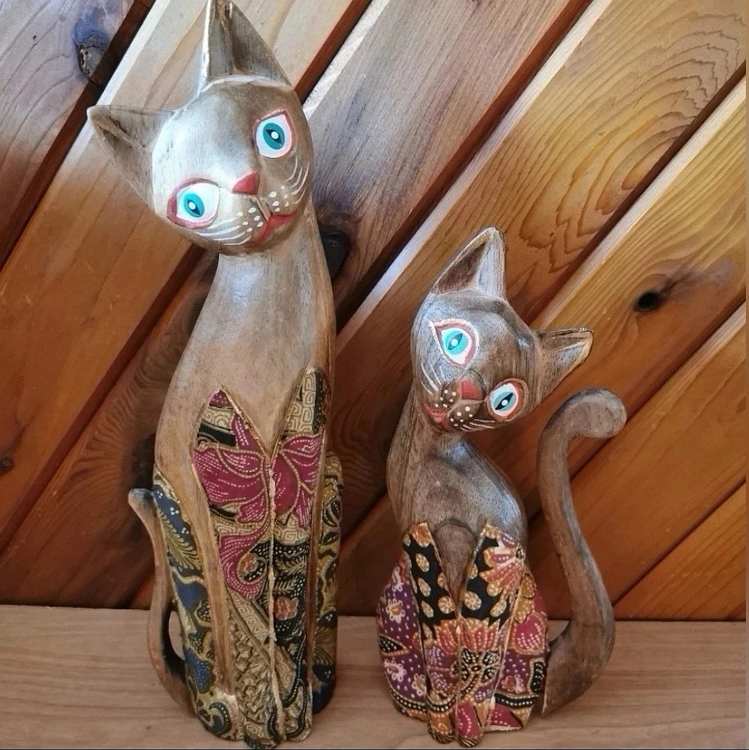 Set of 2 Vintage Tall Wooden Cat Sculptures