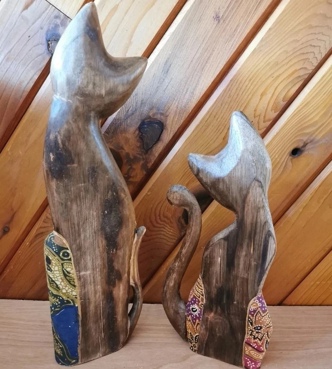 Set of 2 Vintage Tall Wooden Cat Sculptures - photo 2
