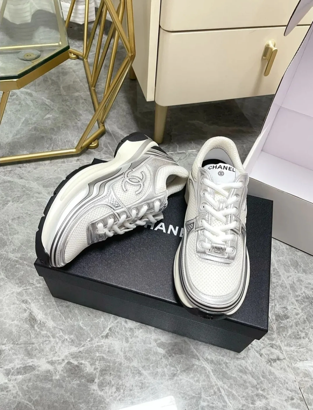 Chanel White & Silver Chunky Sneakers Size 39
