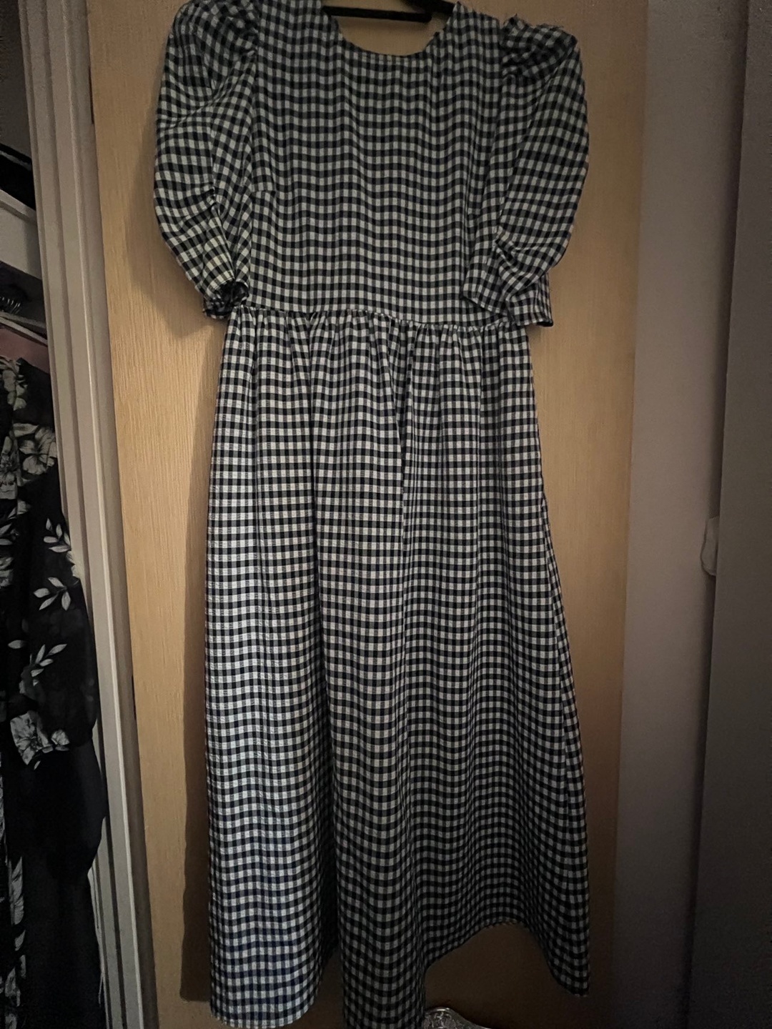 Gingham Check Puff Sleeve Midi Dress