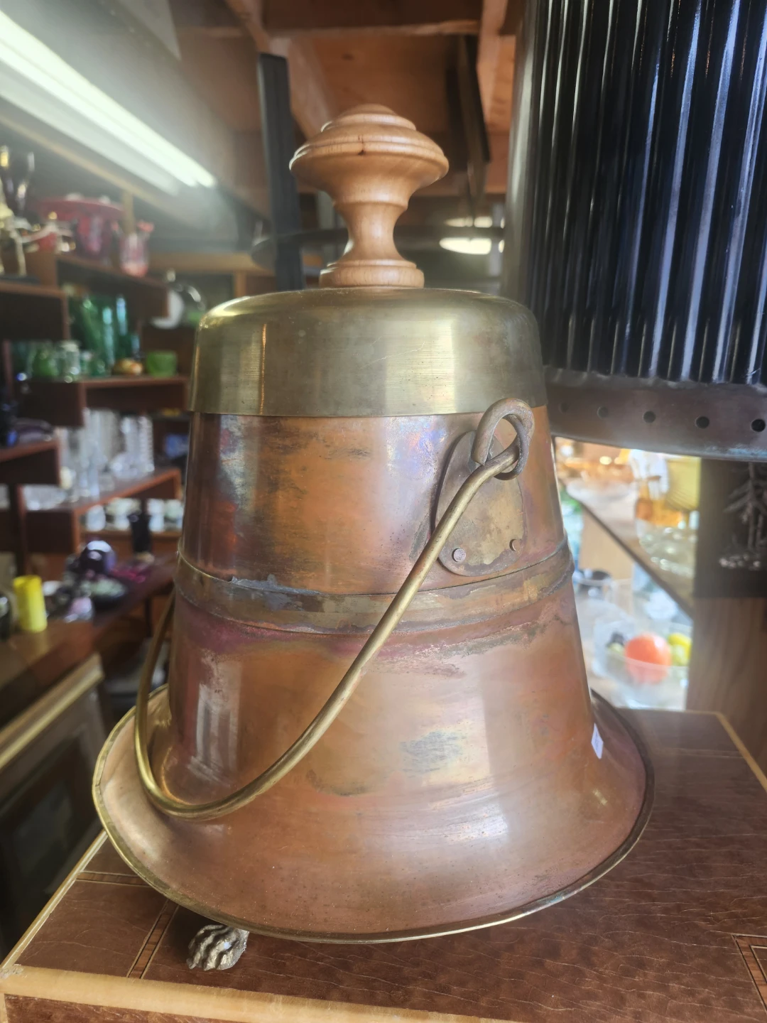 Vintage Copper and Brass Pot with Wooden Lid