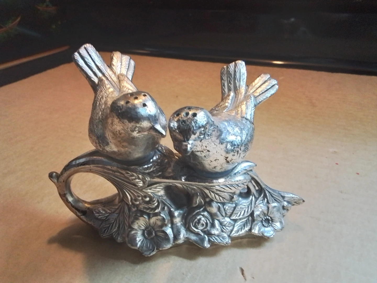 Vintage Silver Plated Perched Lovebirds Salt & Pepper Shakers