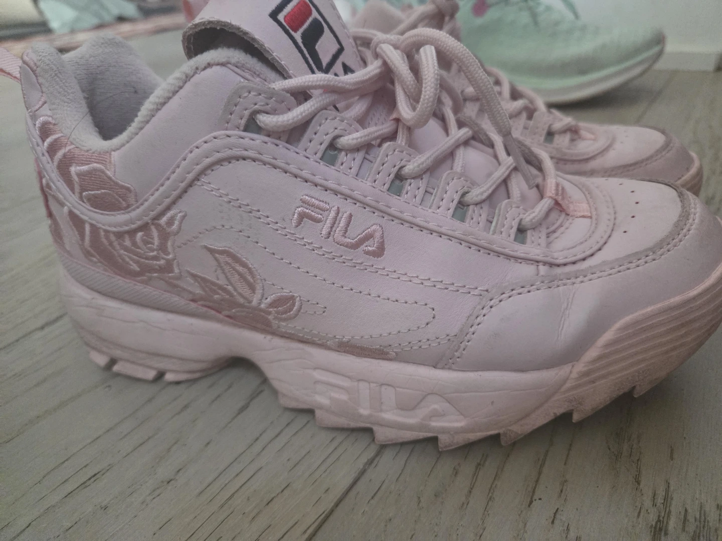 Pink Fila Disruptor Sneakers with Rose Embroidery