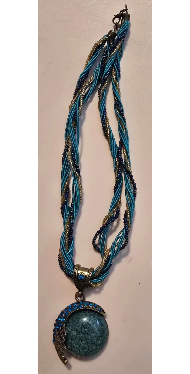 Blue & Gold Beaded Pendant Necklace - photo 2