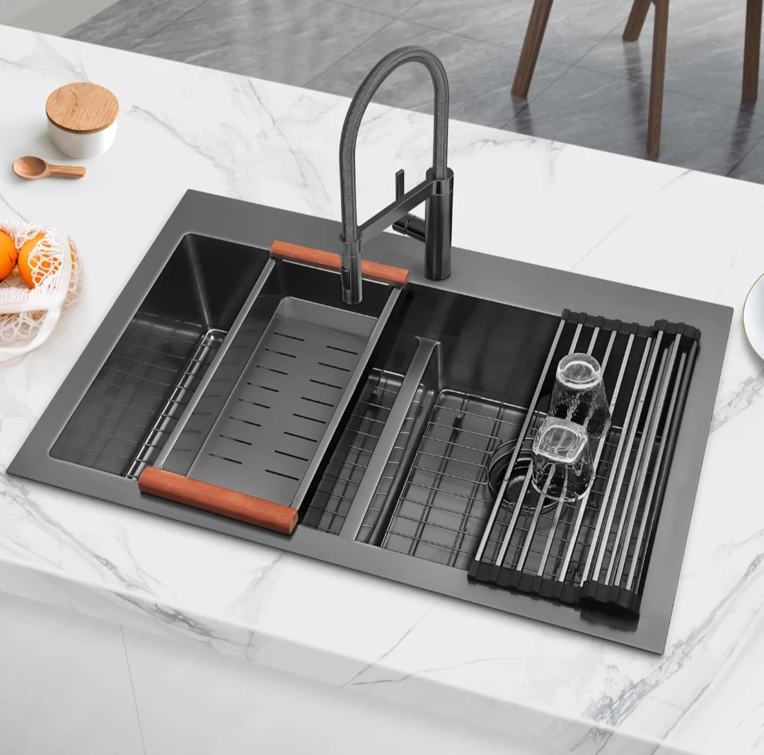 LQS Drop-In Kitchen Sink - Black Double Bowl Stainless Steel - photo 3