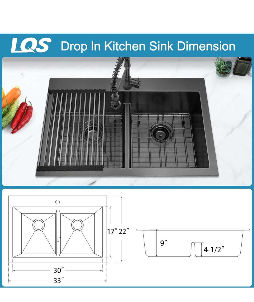 LQS Drop-In Kitchen Sink - Black Double Bowl Stainless Steel - photo 4