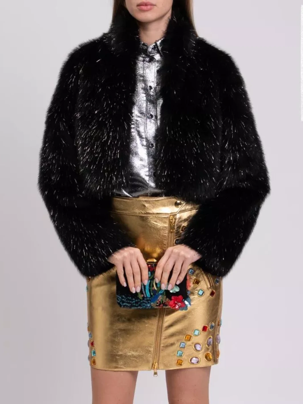 Black Faux Fur Cropped Jacket with Metallic Threads - photo 2