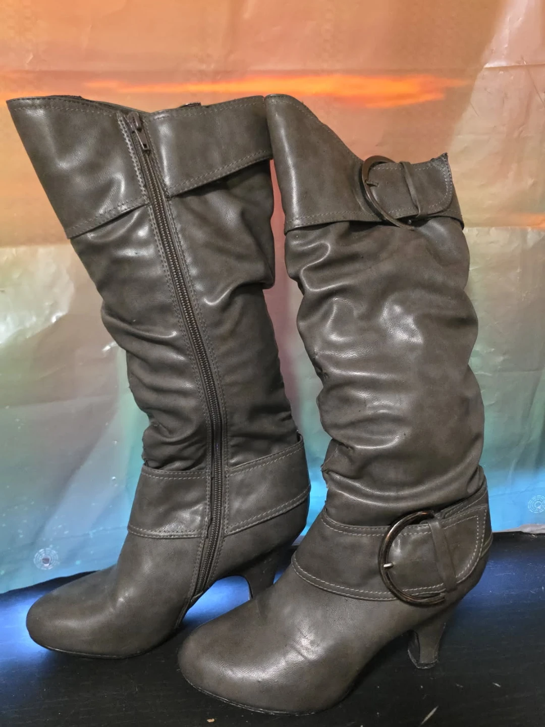 Women's Grey Faux Leather Slouch Boots with Buckle Accent
