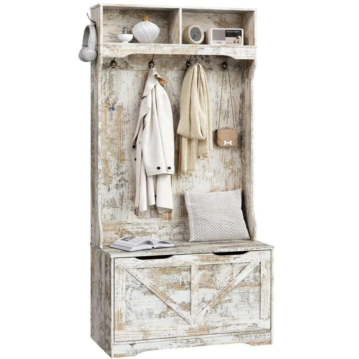 New Hall Tree Bench with Shoe Cabinet Coat Rack for Entryways